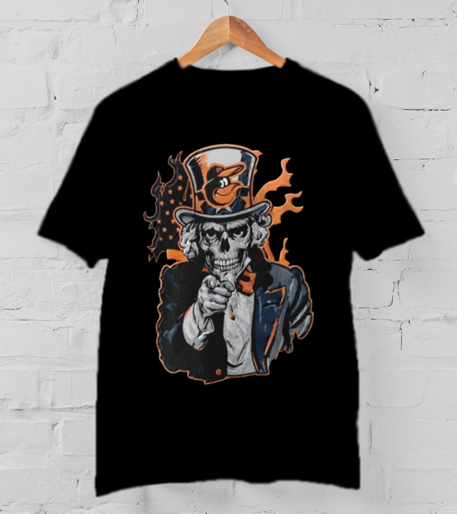 Baltimore Orioles Skeleton Uncle Sam Pointing Flames American Flag Hat T-Shirt