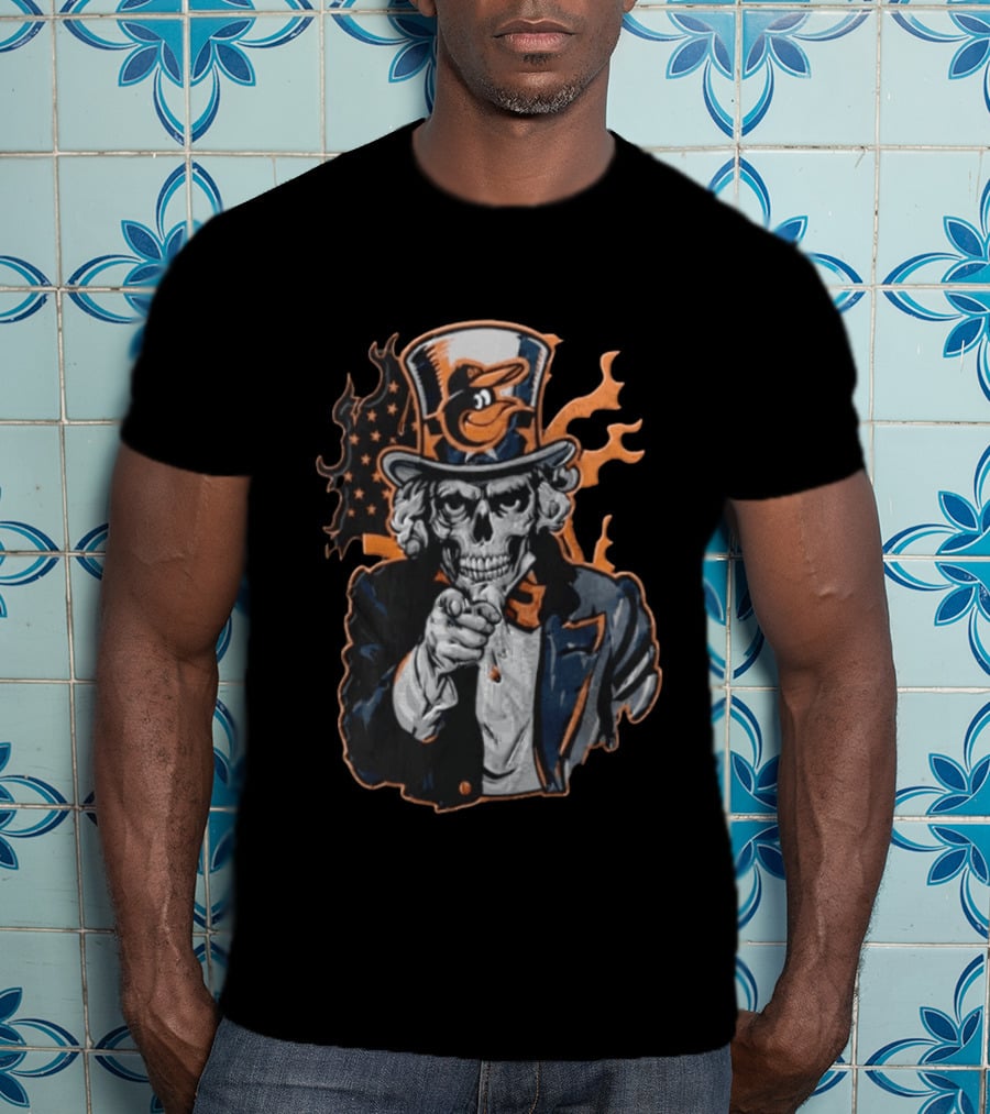 Baltimore Orioles Skeleton Uncle Sam Pointing Flames American Flag Hat T-Shirt