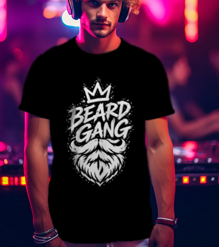 Beard Gang Crown Handlebar Mustache Paint Splatter Bushy Facial Hair T-Shirt
