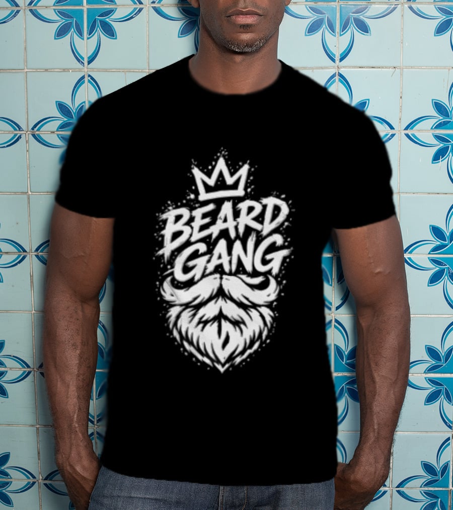 Beard Gang Crown Handlebar Mustache Paint Splatter Bushy Facial Hair T-Shirt