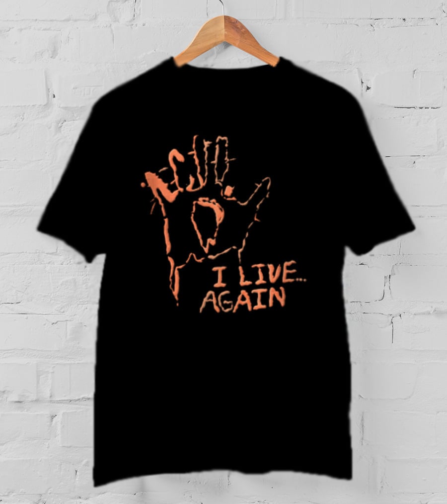 I Live Again Red Spiky Handprint Burning Hole In Palm Distressed Halloween T-Shirt