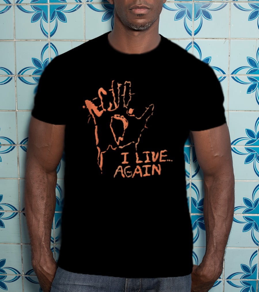 I Live Again Red Spiky Handprint Burning Hole In Palm Distressed Halloween T-Shirt
