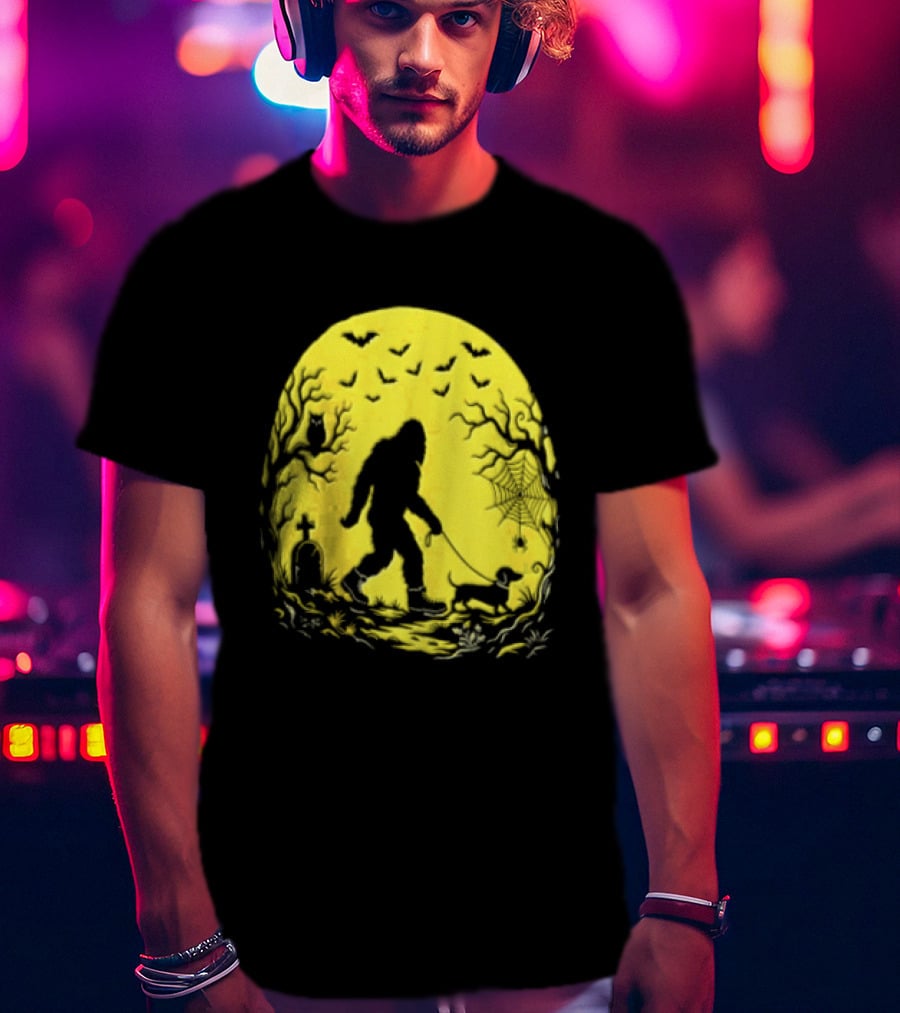 Bigfoot Walking Dachshund Under Full Moon Halloween Night T-Shirt