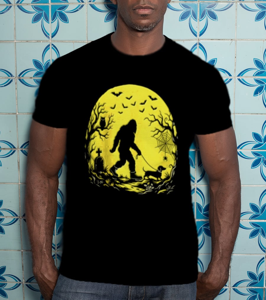 Bigfoot Walking Dachshund Under Full Moon Halloween Night T-Shirt