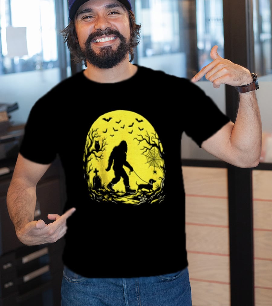 Bigfoot Walking Dachshund Under Full Moon Halloween Night T-Shirt