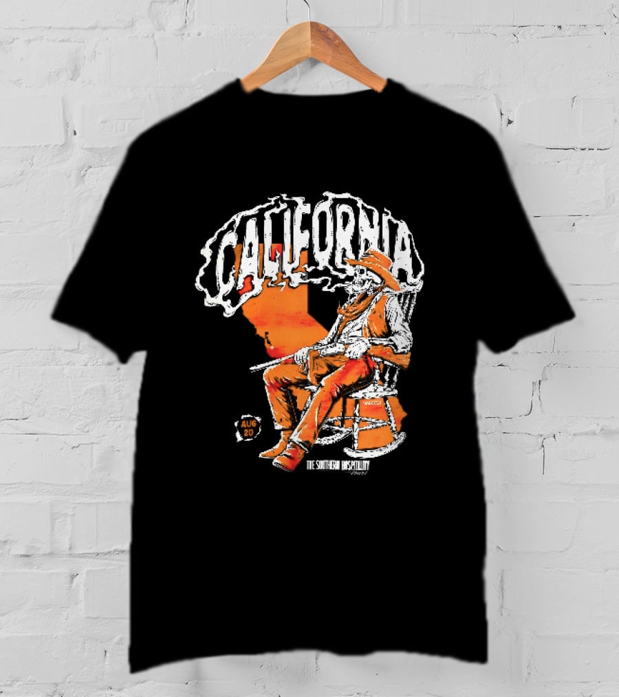 California Skeleton Cowboy Southern Hospitality Tour Aug 20 Rocking Chair Rifle Map T-Shirt