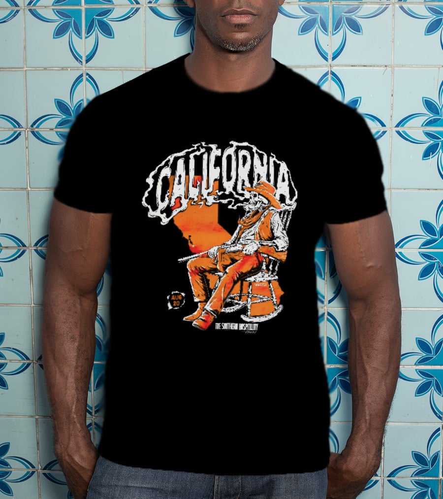 California Skeleton Cowboy Southern Hospitality Tour Aug 20 Rocking Chair Rifle Map T-Shirt