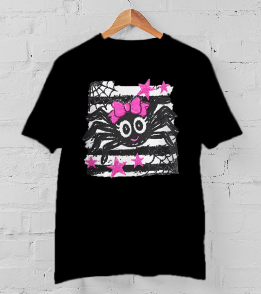 Cartoon Black Spider Big Eyes Pink Bow Stripes Webs Stars T-Shirt