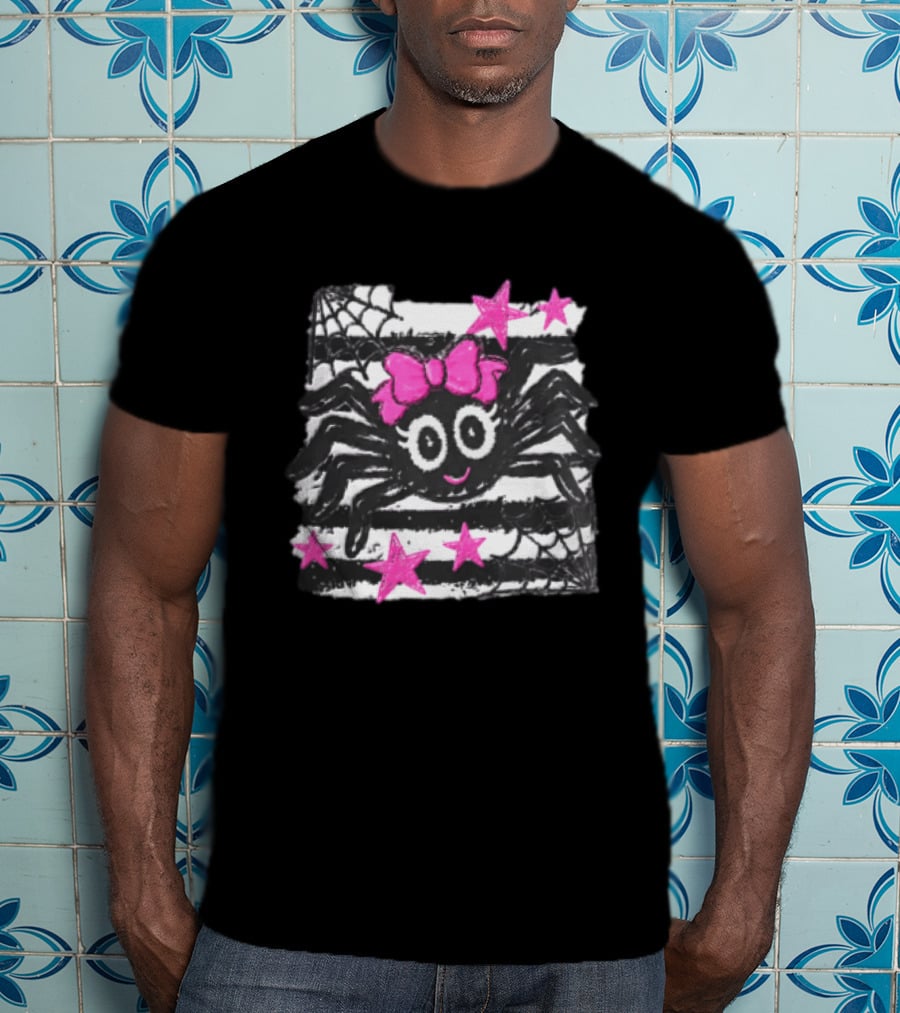 Cartoon Black Spider Big Eyes Pink Bow Stripes Webs Stars T-Shirt