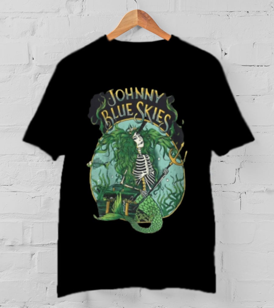 Johnny Blue Skies Skeleton Mermaid Adventure With Trident And Treasure T-Shirt