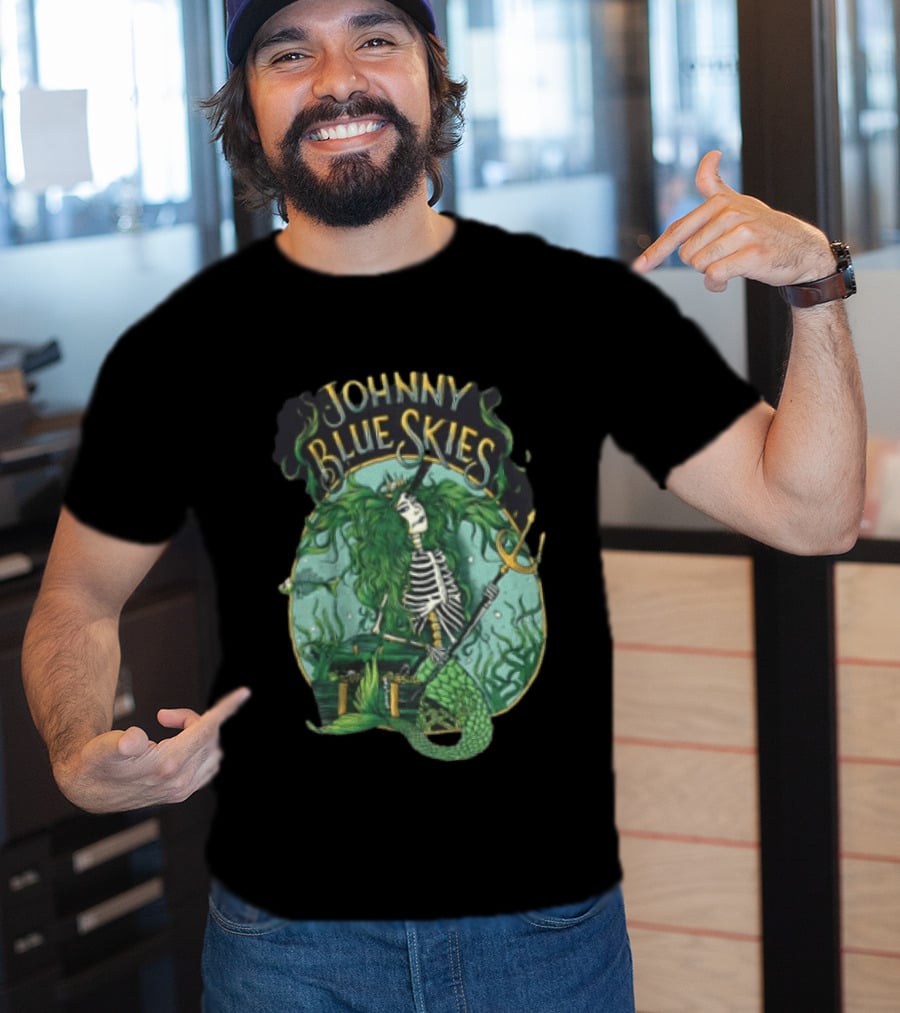 Johnny Blue Skies Skeleton Mermaid Adventure With Trident And Treasure T-Shirt