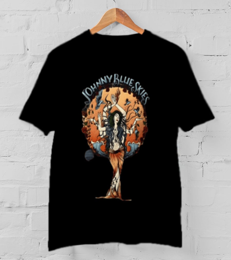 Johnny Blue Skies Ocean Goddess Mythical Woman Surrounded By Birds T-Shirt