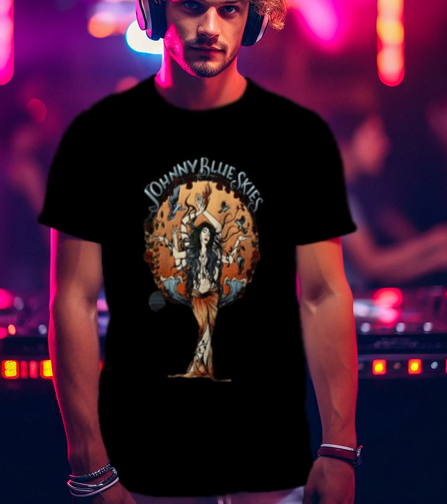 Johnny Blue Skies Ocean Goddess Mythical Woman Surrounded By Birds T-Shirt