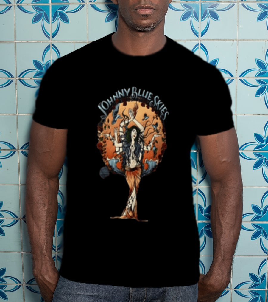Johnny Blue Skies Ocean Goddess Mythical Woman Surrounded By Birds T-Shirt