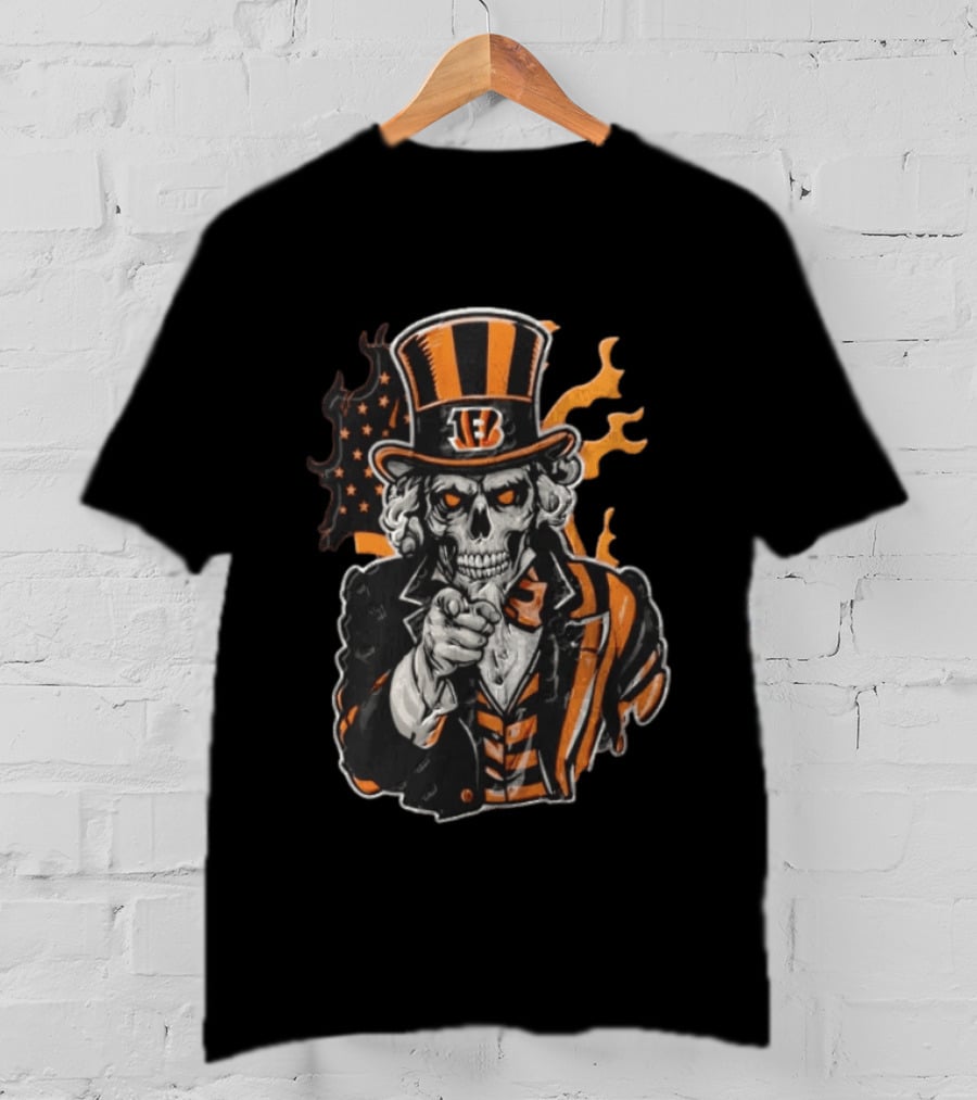 Cincinnati Bengals Skeleton Uncle Sam Pointing Tiger Head Iconic Style Fan Favorite T-Shirt
