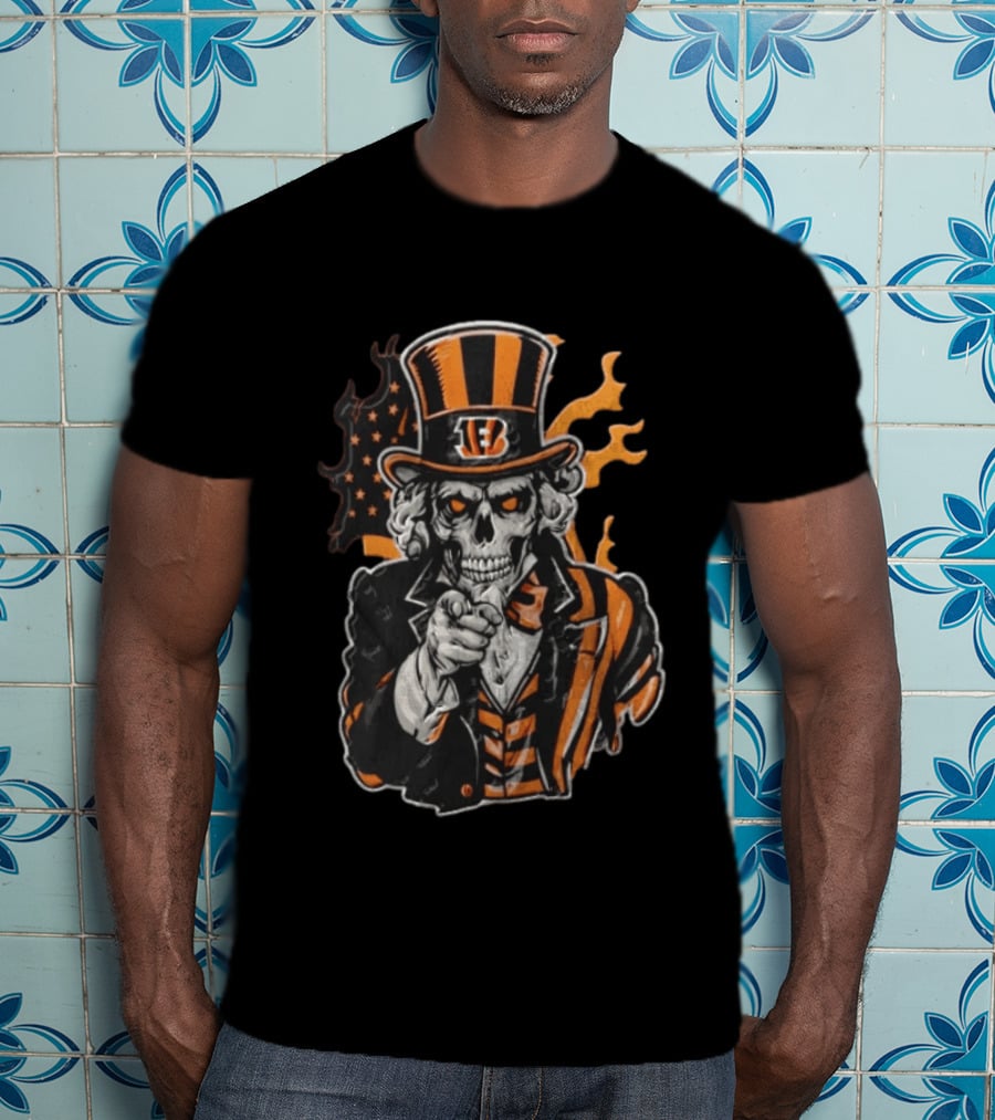 Cincinnati Bengals Skeleton Uncle Sam Pointing Tiger Head Iconic Style Fan Favorite T-Shirt