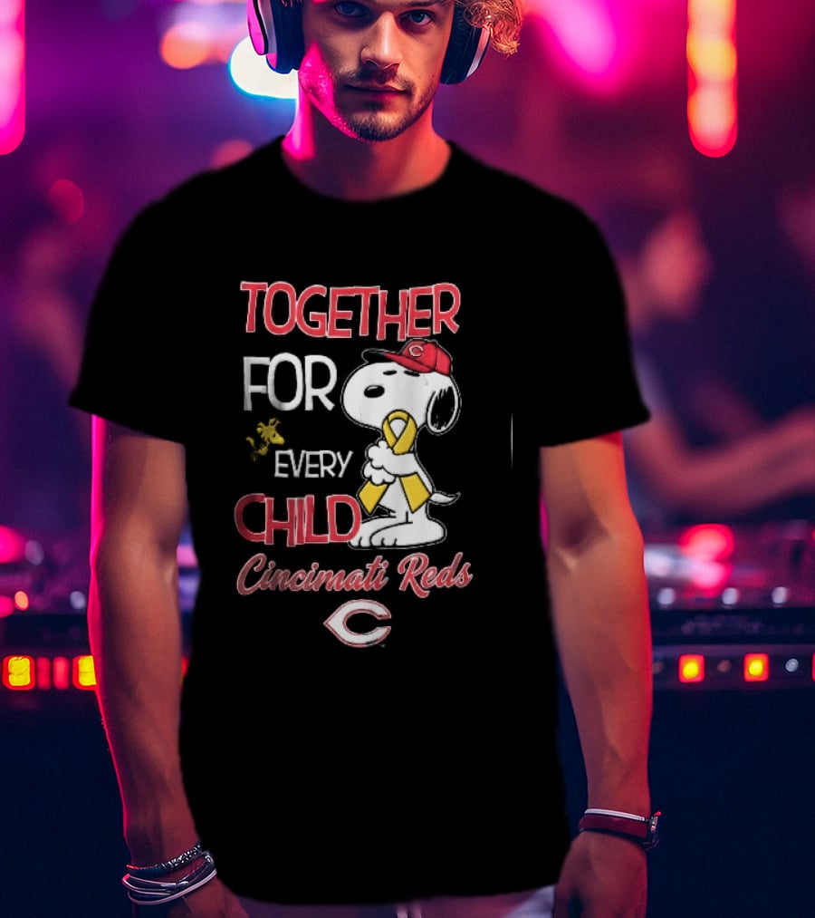 TOGETHER FOR EVERY CHILD Cincinnati Reds Snoopy Woodstock Yellow Ribbon T-Shirt