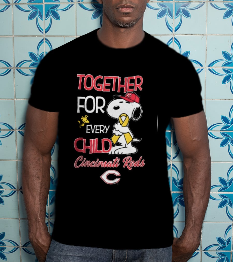 TOGETHER FOR EVERY CHILD Cincinnati Reds Snoopy Woodstock Yellow Ribbon T-Shirt