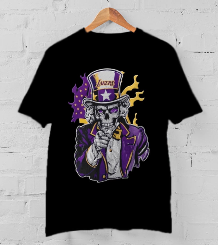 Los Angeles Lakers Skeleton Uncle Sam Purple Flames T-Shirt