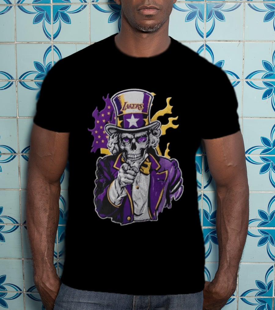 Los Angeles Lakers Skeleton Uncle Sam Purple Flames T-Shirt