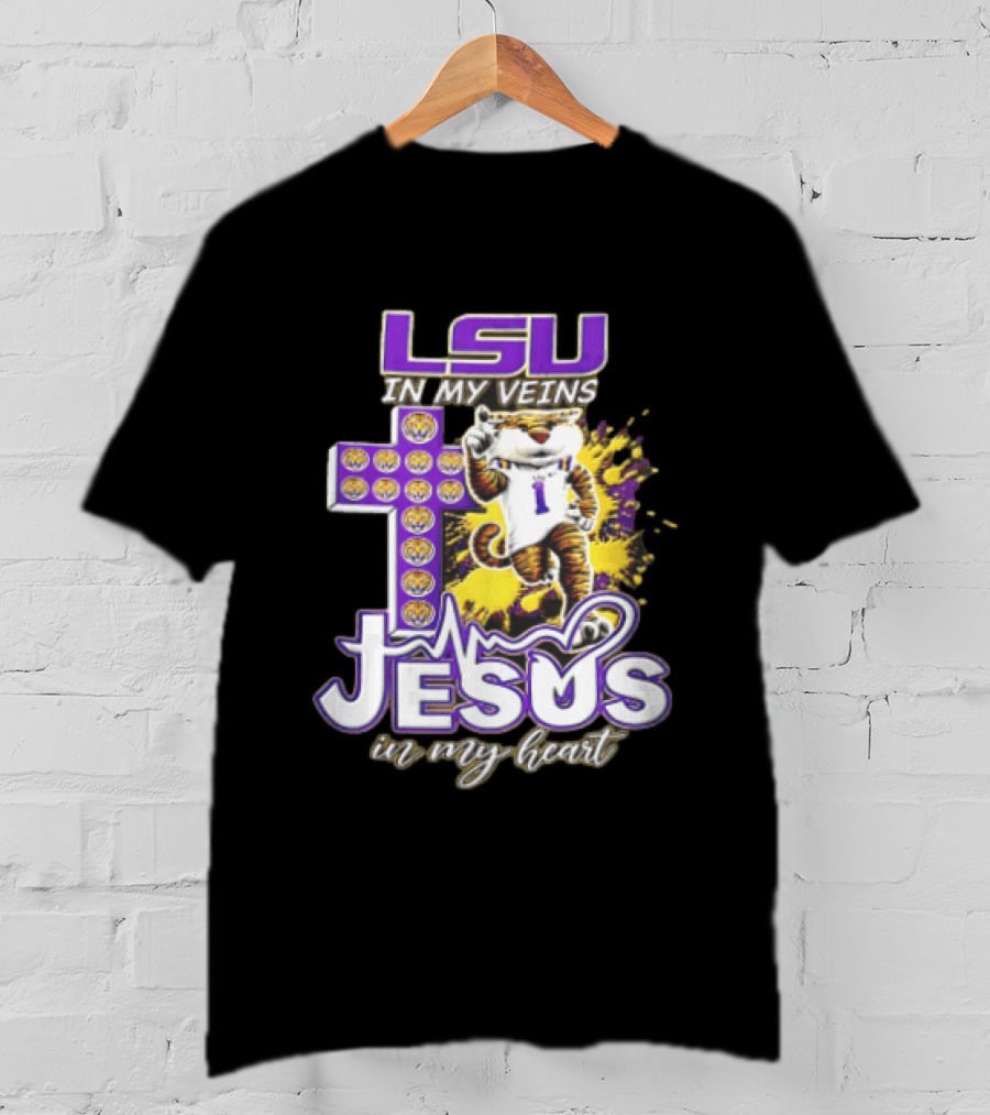 LSU In My Veins Jesus In My Heart Tiger Purple Cross EKG T-Shirt