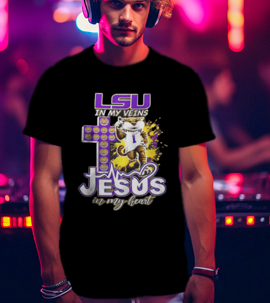 LSU In My Veins Jesus In My Heart Tiger Purple Cross EKG T-Shirt