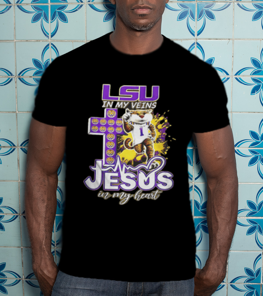 LSU In My Veins Jesus In My Heart Tiger Purple Cross EKG T-Shirt