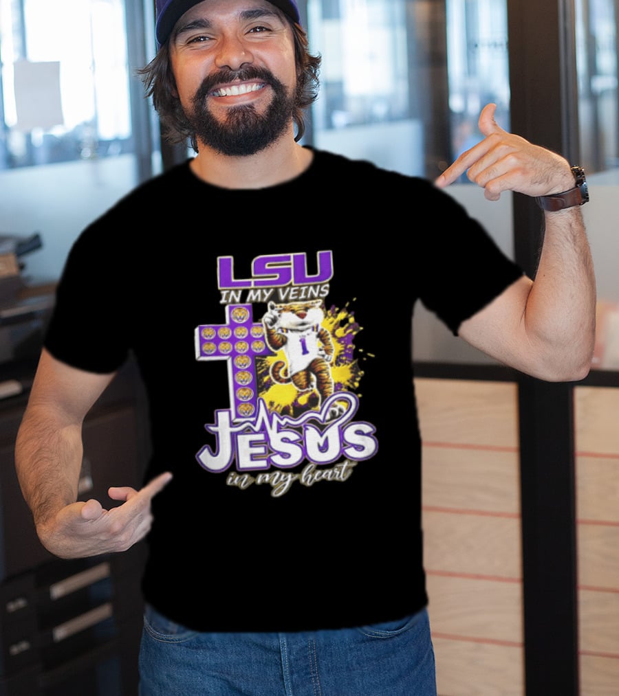 LSU In My Veins Jesus In My Heart Tiger Purple Cross EKG T-Shirt