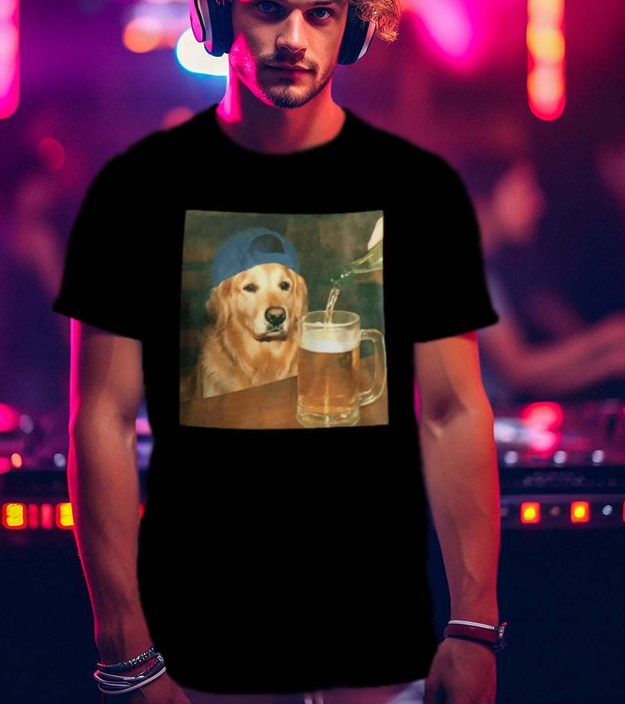 Golden Retriever Backward Cap Beer Pouring Scene T-Shirt