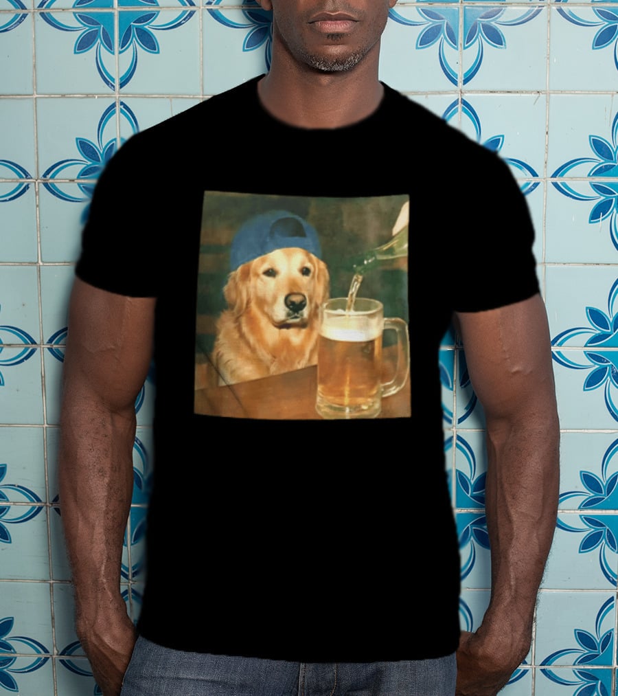 Golden Retriever Backward Cap Beer Pouring Scene T-Shirt