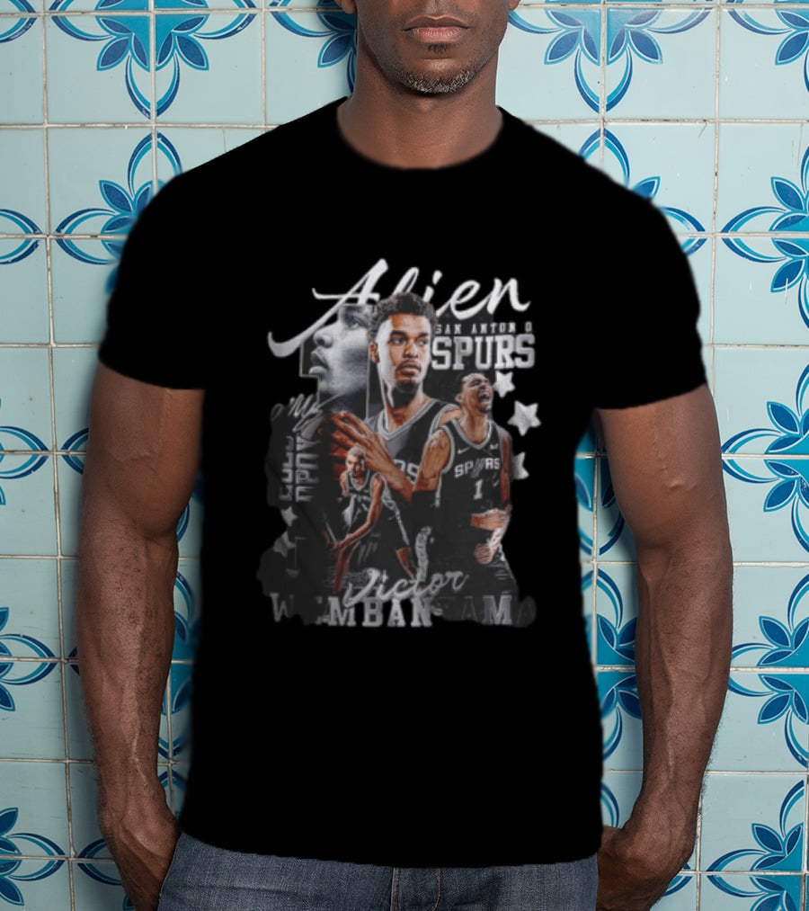 Victor Wembanyama San Antonio Spurs NBA Alien ROTY DPOY Player Collage Halftone Stars T-Shirt