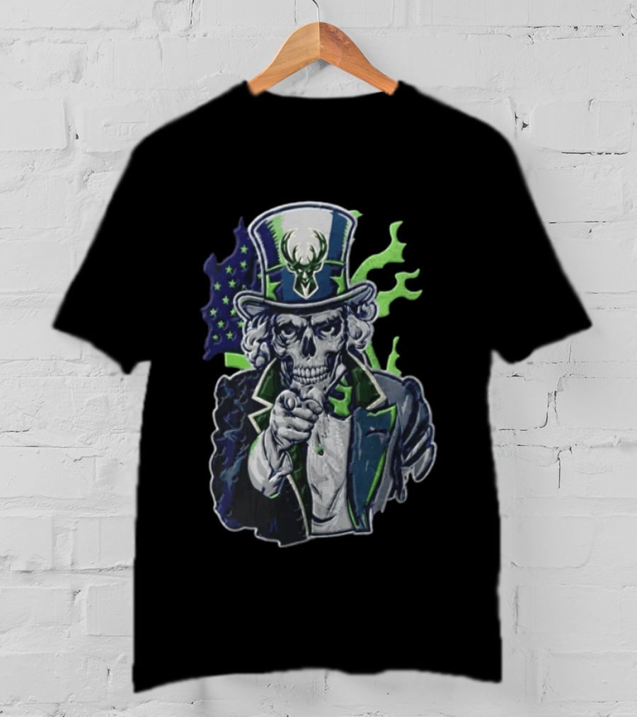 Milwaukee Bucks Uncle Sam Skeleton American Flag Pointing Basketball Fan T-Shirt