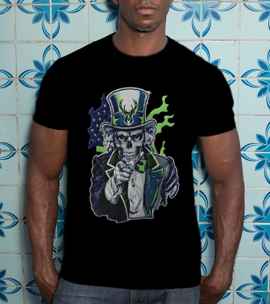Milwaukee Bucks Uncle Sam Skeleton American Flag Pointing Basketball Fan T-Shirt