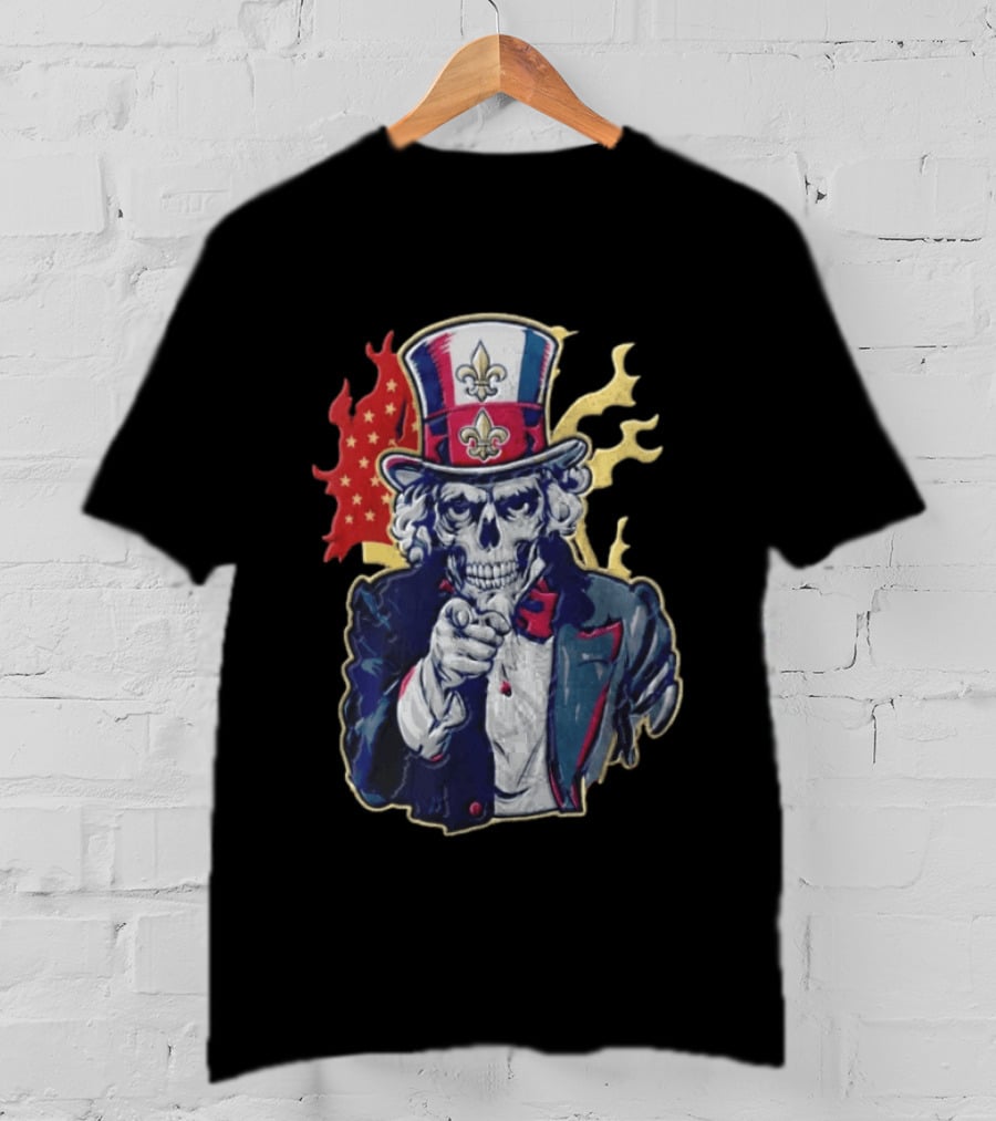 New Orleans Pelicans Skeleton Uncle Sam Pointing American Flag Fleur De Lis T-Shirt