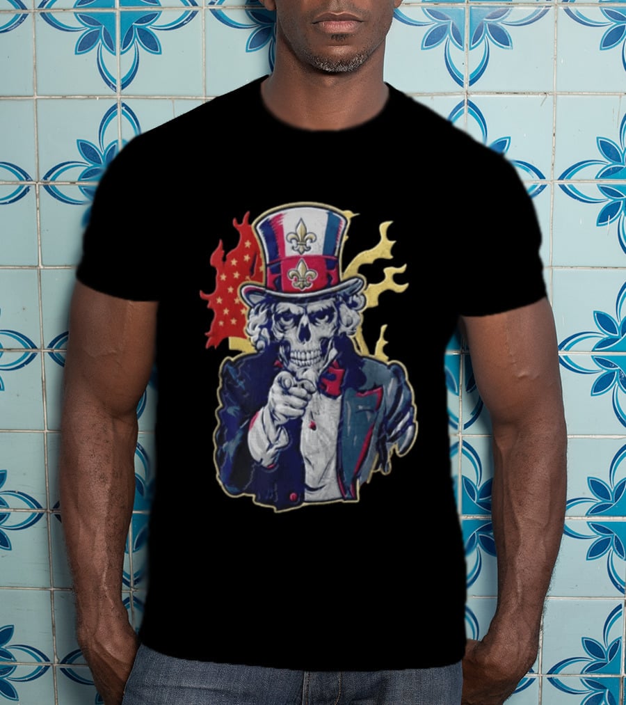 New Orleans Pelicans Skeleton Uncle Sam Pointing American Flag Fleur De Lis T-Shirt