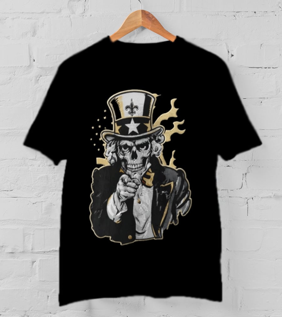 New Orleans Saints Skeleton Uncle Sam Pointing Fleur De Lis American Flag T-Shirt