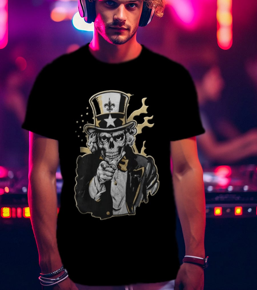 New Orleans Saints Skeleton Uncle Sam Pointing Fleur De Lis American Flag T-Shirt