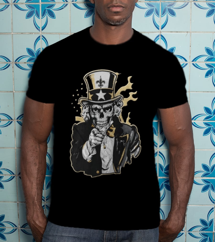 New Orleans Saints Skeleton Uncle Sam Pointing Fleur De Lis American Flag T-Shirt
