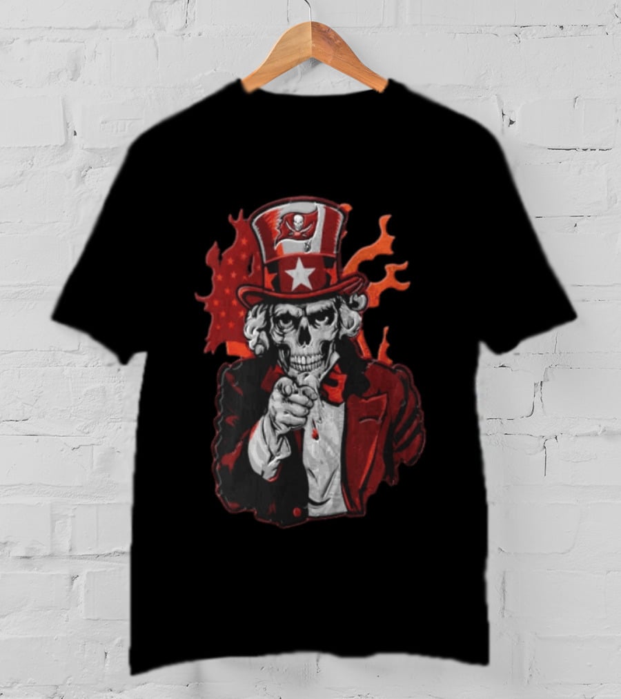 Tampa Bay Buccaneers Uncle Sam Skull American Flag Flames T-Shirt