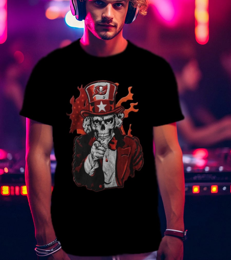 Tampa Bay Buccaneers Uncle Sam Skull American Flag Flames T-Shirt