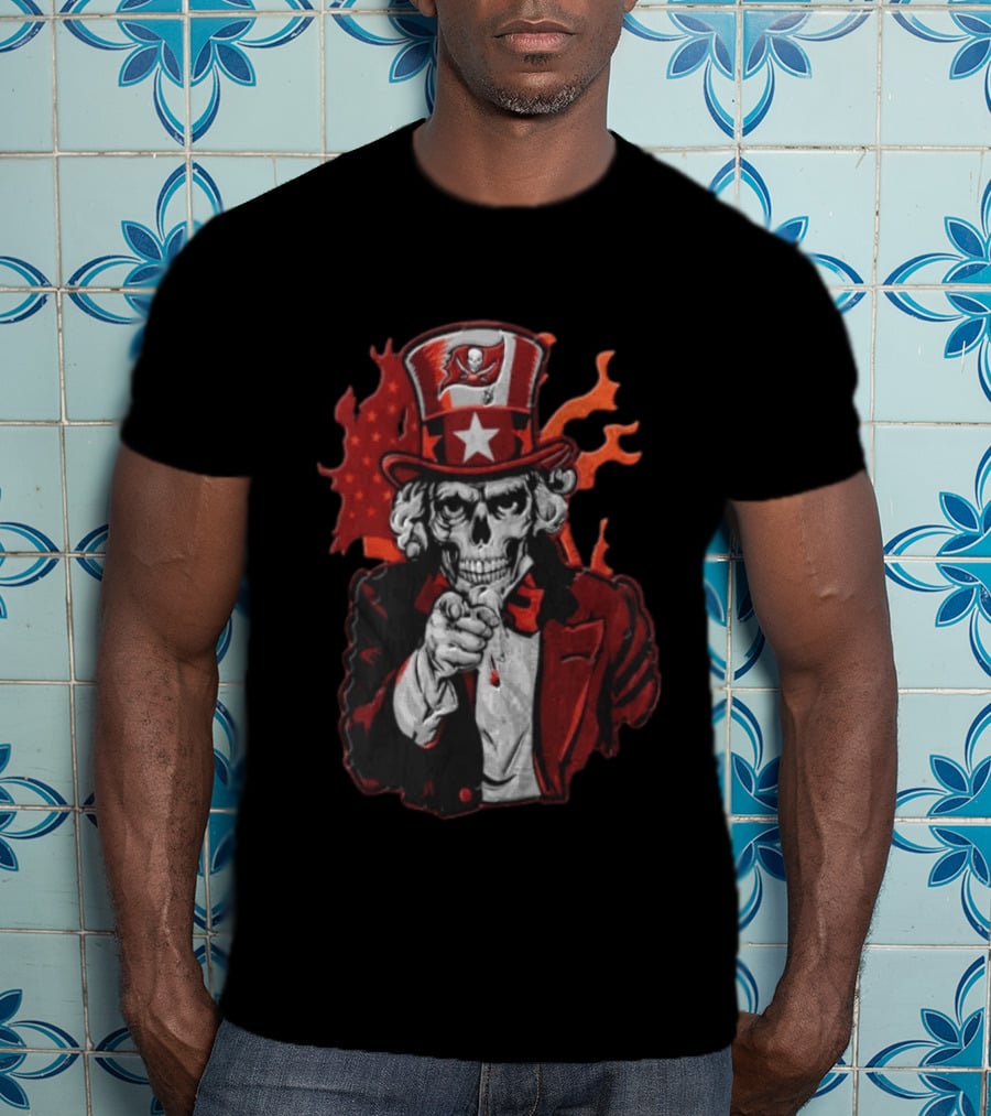 Tampa Bay Buccaneers Uncle Sam Skull American Flag Flames T-Shirt