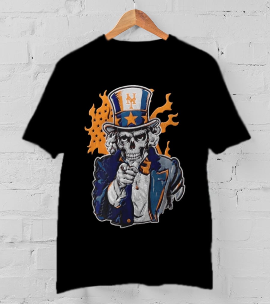 New York Mets Uncle Sam Skeleton Top Hat Stars Flames T-Shirt