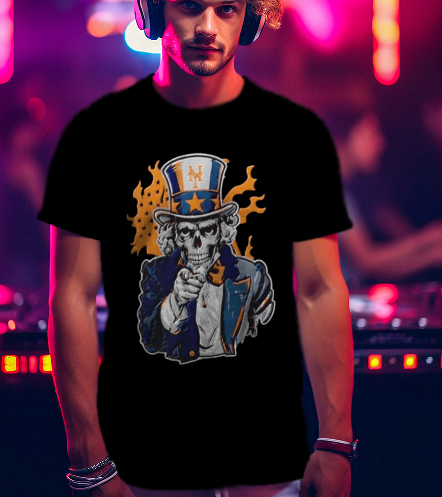 New York Mets Uncle Sam Skeleton Top Hat Stars Flames T-Shirt