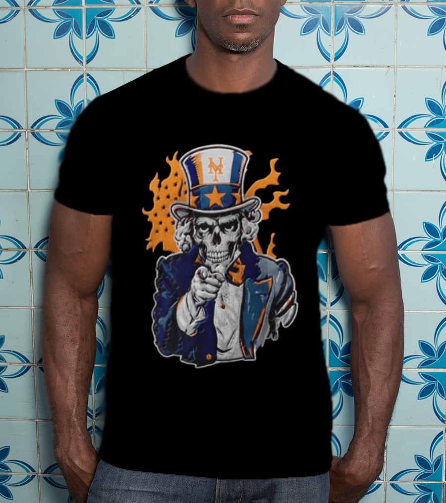 New York Mets Uncle Sam Skeleton Top Hat Stars Flames T-Shirt