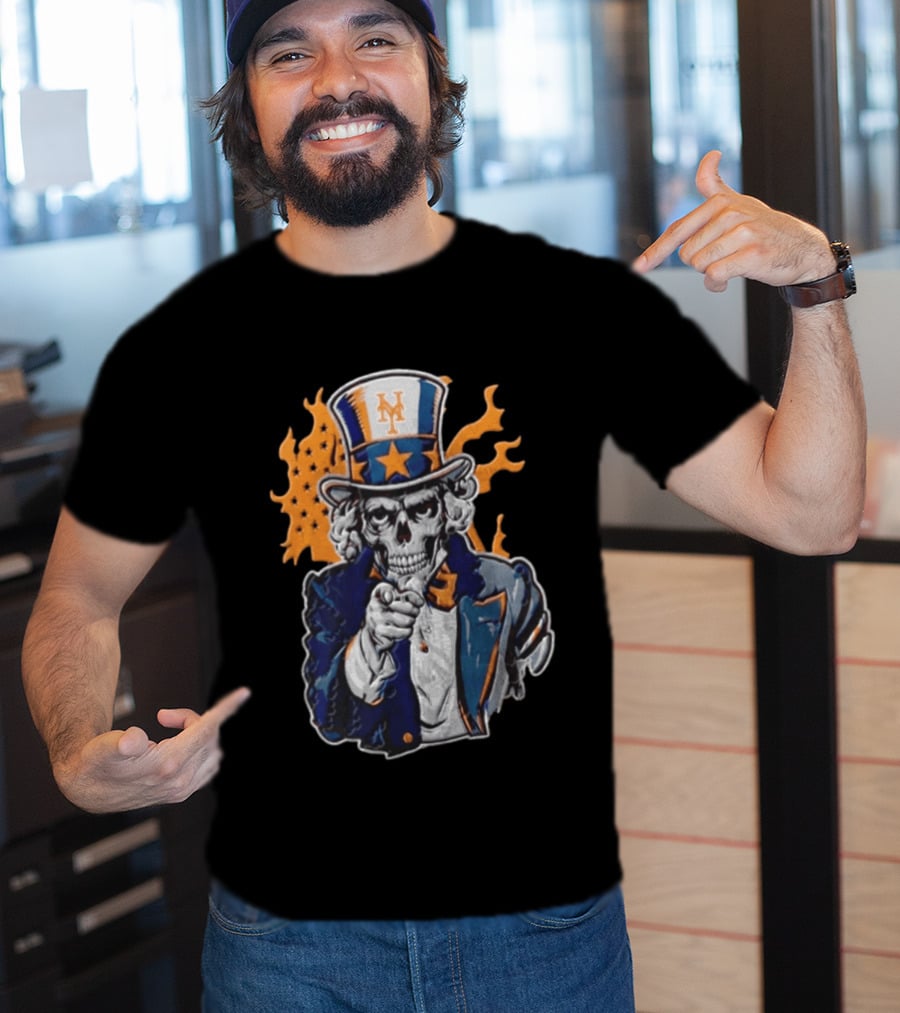 New York Mets Uncle Sam Skeleton Top Hat Stars Flames T-Shirt