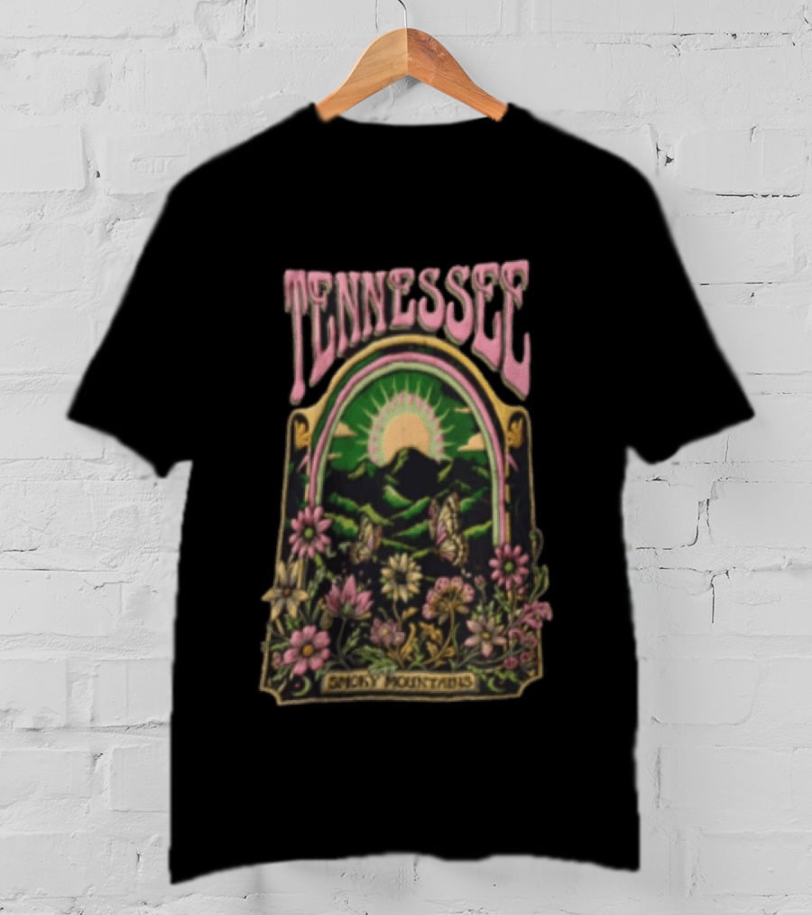 Tennessee Smoky Mountains Sunrise With Butterflies And Flowers T-Shirt
