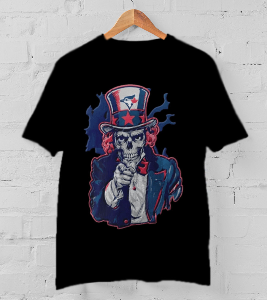 Toronto Blue Jays Skeleton Uncle Sam Pointing American Flag Bird Head Maple Leaf T-Shirt