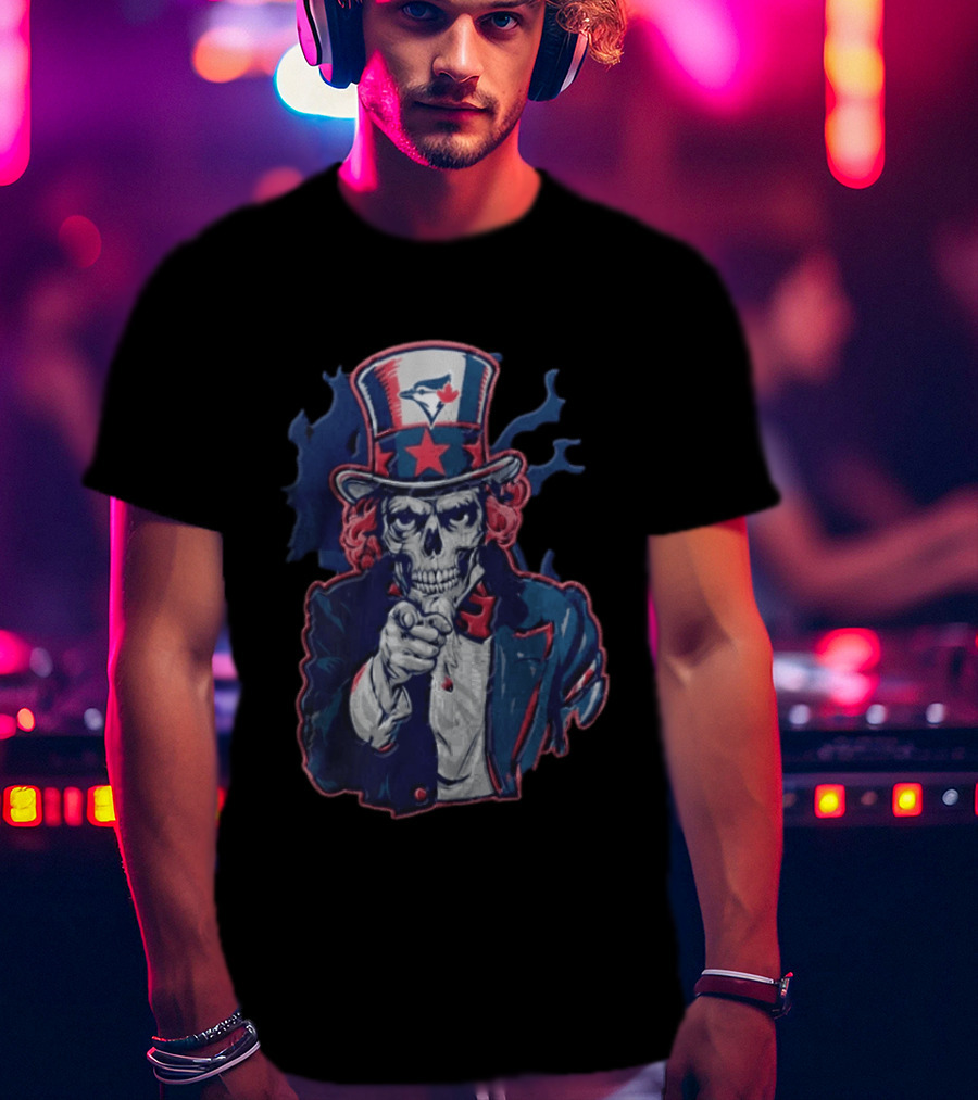 Toronto Blue Jays Skeleton Uncle Sam Pointing American Flag Bird Head Maple Leaf T-Shirt