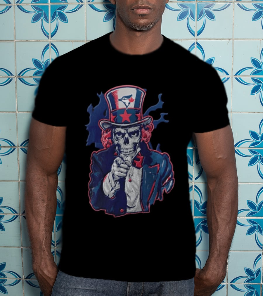 Toronto Blue Jays Skeleton Uncle Sam Pointing American Flag Bird Head Maple Leaf T-Shirt