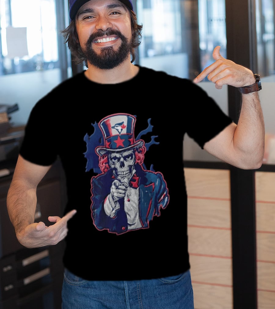 Toronto Blue Jays Skeleton Uncle Sam Pointing American Flag Bird Head Maple Leaf T-Shirt